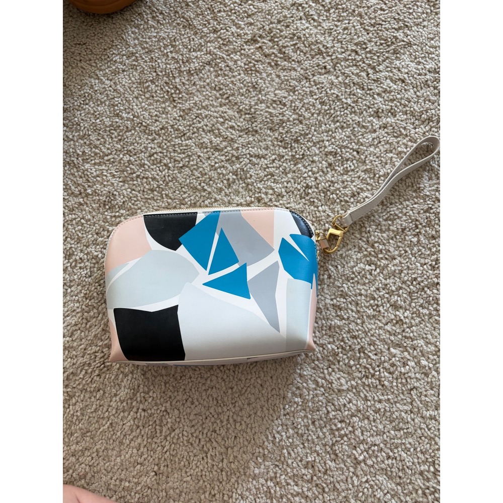 Sarah White Geometric Abstract Leather Wristlet Pouch Blue Pink Black White